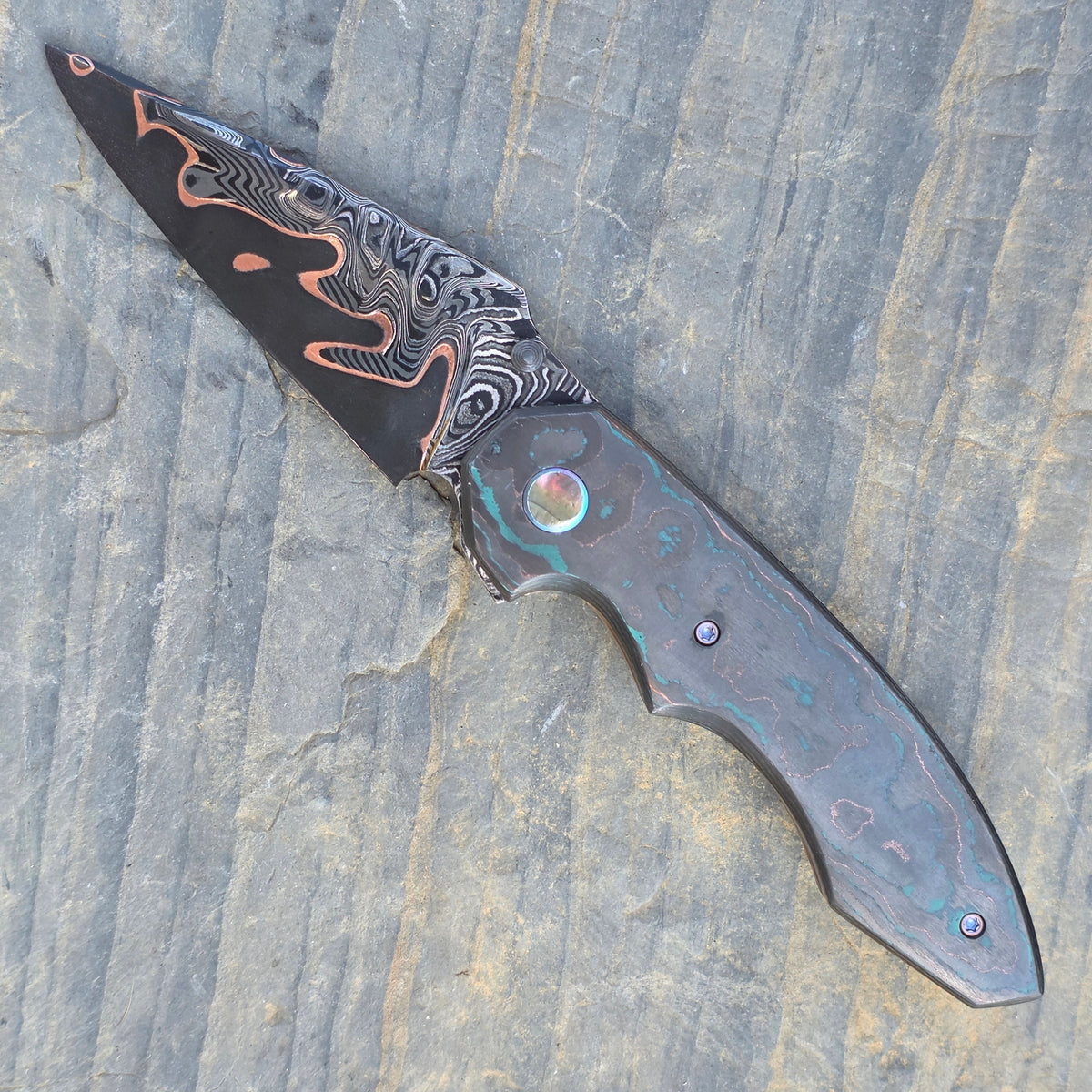Kiba-Apex No. 1 handmade folding knife, Baker Forge Hypnotic Chevron Sanmai blade, CamoCarbon Shipwreck scales