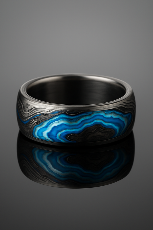 Damascus Blue Glacier Ring is a custom handcrafted ring, unique jewelry for collectors, special occasions, and everyday wear