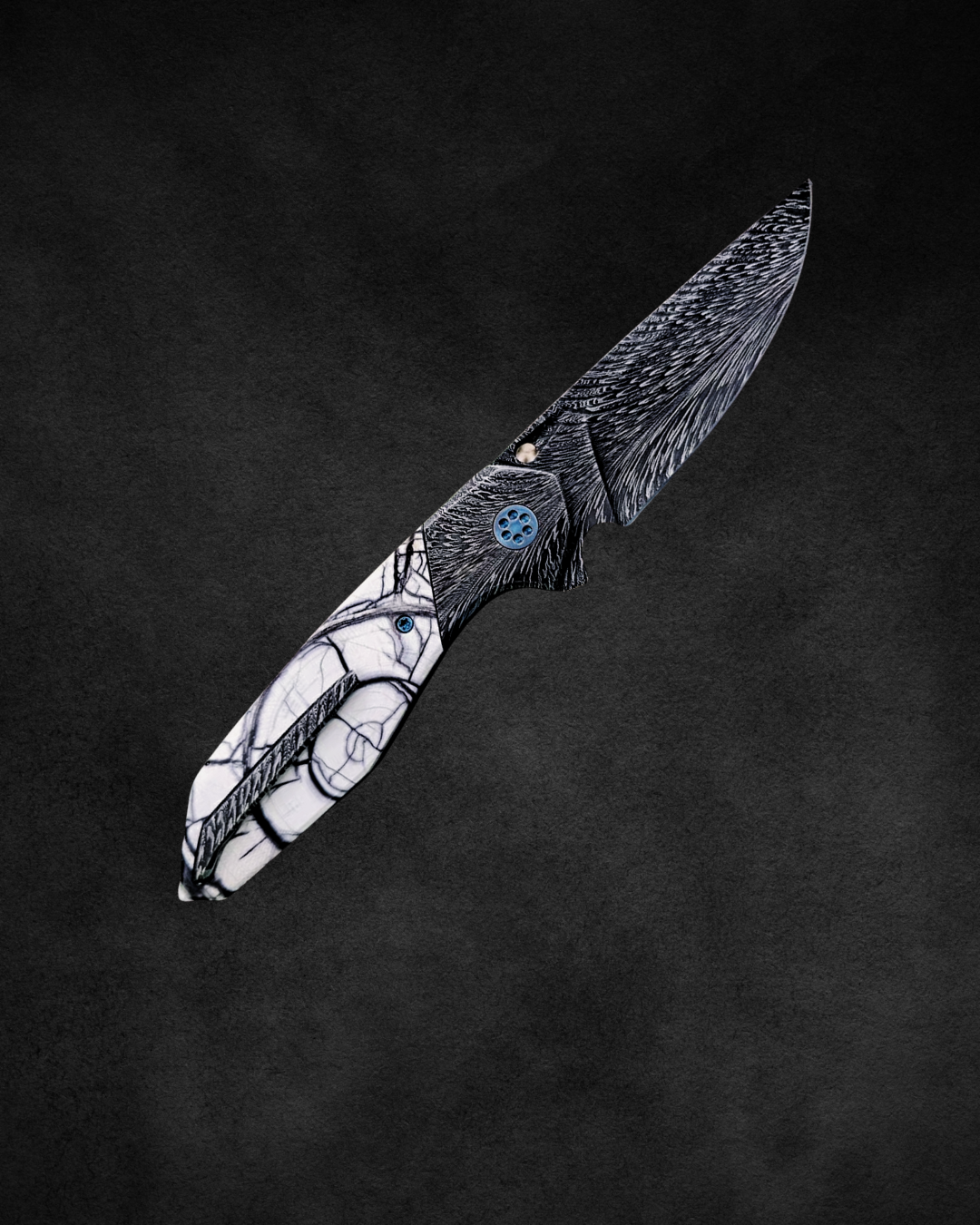 Custom Gryphon folding knife with feathered Damascus blade and titanium frame, hand-built by Larevo Customs